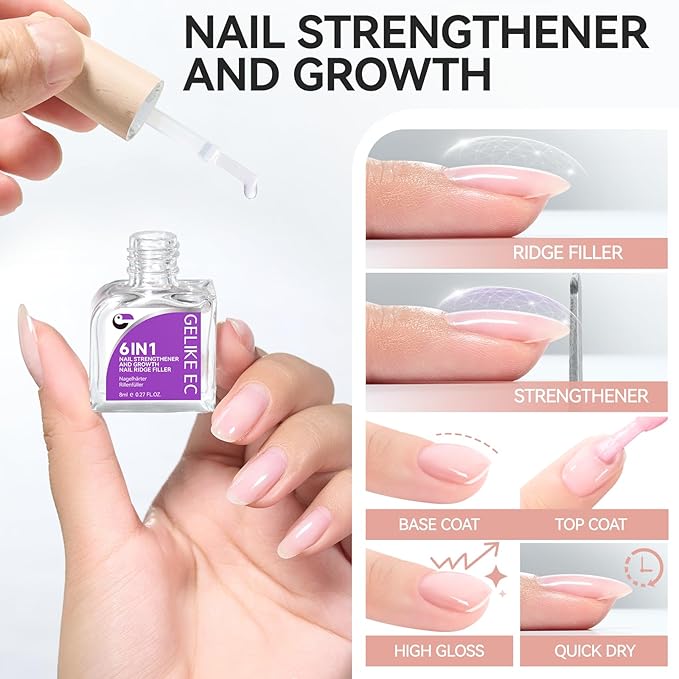 Women Nail Strengthener Protein for Daily: Clear Gelike EC 6 in 1 Nail Treatment for Weak and Damaged Nails Everyday - Nail Polish Hardener for Home Salon Travel Spa Gift
