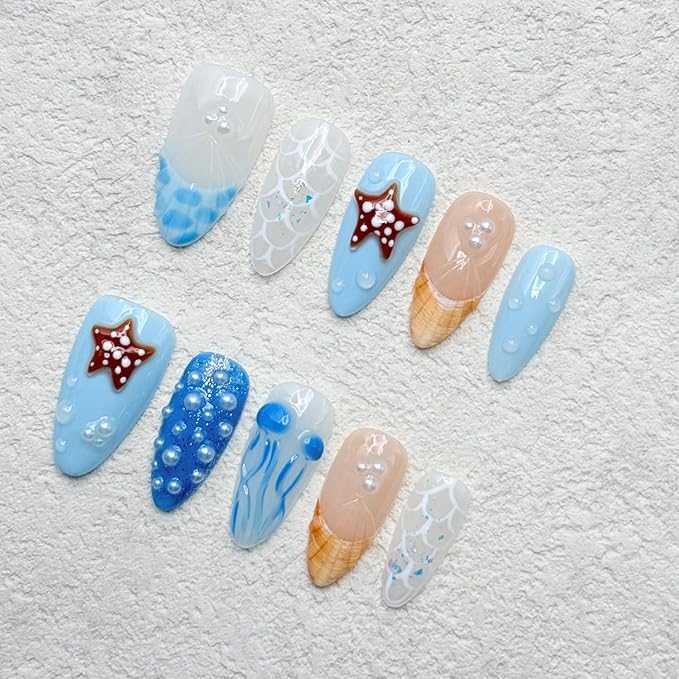 Luxury Handmade Almond Press on Nails with Glue,Ocean False Nails 3D Jellyfish Art Designs Blue Acrylic Nails Handmade Nail Reusable Muti-Layer Gel Thick False Nails for Women 10 Pcs (Size S)