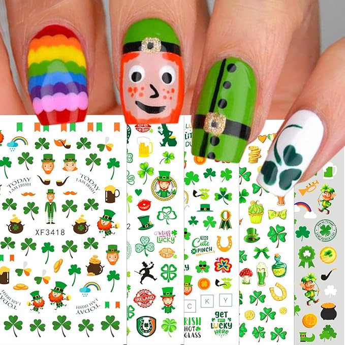 10 Sheets St. Patrick's Day Nail Art Stickers 3D Self-Adhesive Shamrock Nail Decals Green Clover Gold Hat Letter Designs Irish Nail Stickers St. Patrick's Day Nails Decor for Women Manicure Supplies
