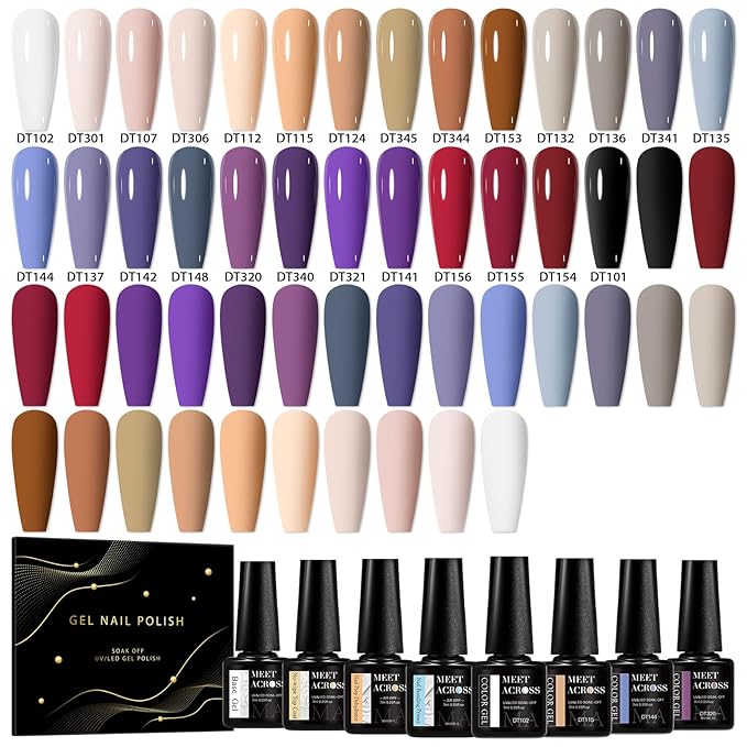 MEET ACROSS Nude Gel Nail Polish 26 Colors Skin Tone Nude Brown Gel Polish Grey Purple Red Fall Winter Series Nail Polish Kit Manicure Gifts for Women Girls 30Pcs