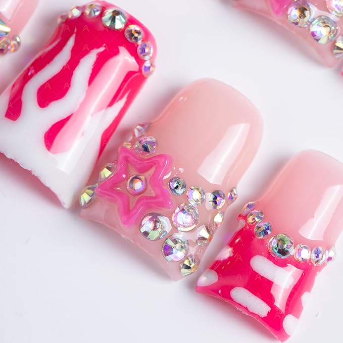 10 Pieces Luxury Acrylic Press On Nails Short Handmade Duck Nails, Pink Thickened False French Nails, Flame And Rhinestone, Reusable Fake Nails, Glow-in-the-dark Nails (M)