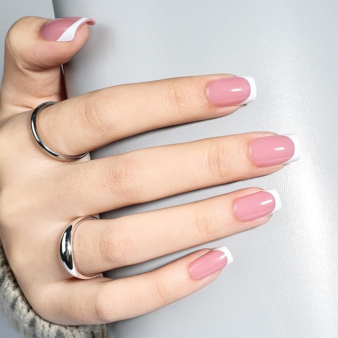 French Tip Press On Nails - Short Square Blush Pink Press on Nails Glossy Nails Press Ons for Women DIY Fake Nails Kit, Reusable Glue on Nails Short in 16 Sizes - 32pcs, Blush Tip