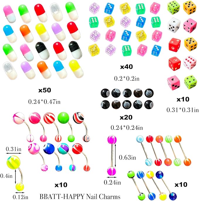 240PCS Nail Charms for Acrylic Nails，Junk Nail Theme Eye Pill Puncture Dice Billiards Silver Half Round Pearl Nail Decorations ，Nail Accessories for Nail Art Supplies Manicure DIY