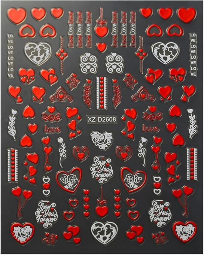 Valentines Nail Art Stickers Heart Nail Decals Glitter Charms Rose 3D Self-Adhesive Lipstick Mark Valentines Day DIY Date Nail Supplies Decorations for Women Girls 6 Sheets