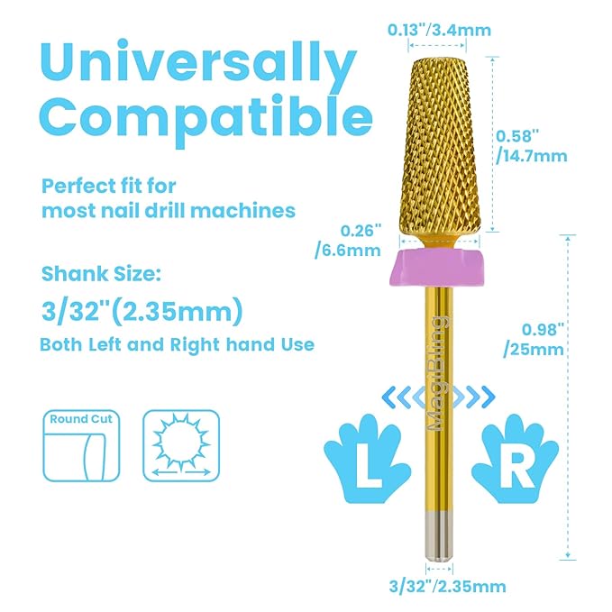 6.6mm Large Tapered Barrel 5-in-1 Nail Drill Bit, 3/32" Cross-Cut Safety Tungsten Carbide Efile Bit for Fast Gel & Acrylic Removal, Two-Way Rotation, Nail Tech & Beginner Bit, Titanium, Double Fine