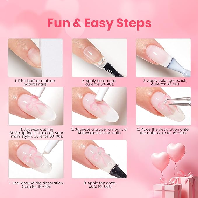 Beetles Rhinestones Glue Kit - 3D Gel Nail Art & Sculpting Gel Glue and with Heart Charm Diamond Jewelry, Spring Nail Decorations for DIY Gel Nail Polish