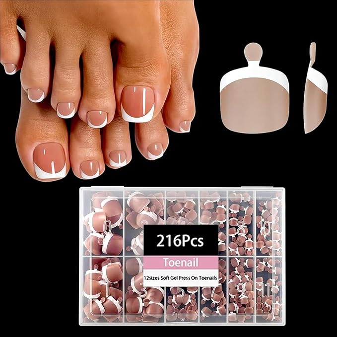 Brown Toe Nail Tips, 216pcs Short Press on Toenails for Women, Soft Toe Nail Press Ons, Square French Tip Toe Press on nails, Soak Off Acrylic Full Cover Fake Toenails Extension in 12Sizes