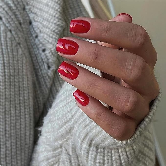Red Press on Nails Short Square, Natural Short Gel Nails Glue on Acrylic Nails Press ons, 48Pcs Thick Reusable Fake Nails for Women, Short Coffin Artificial Nails New Solid Color Square Nails