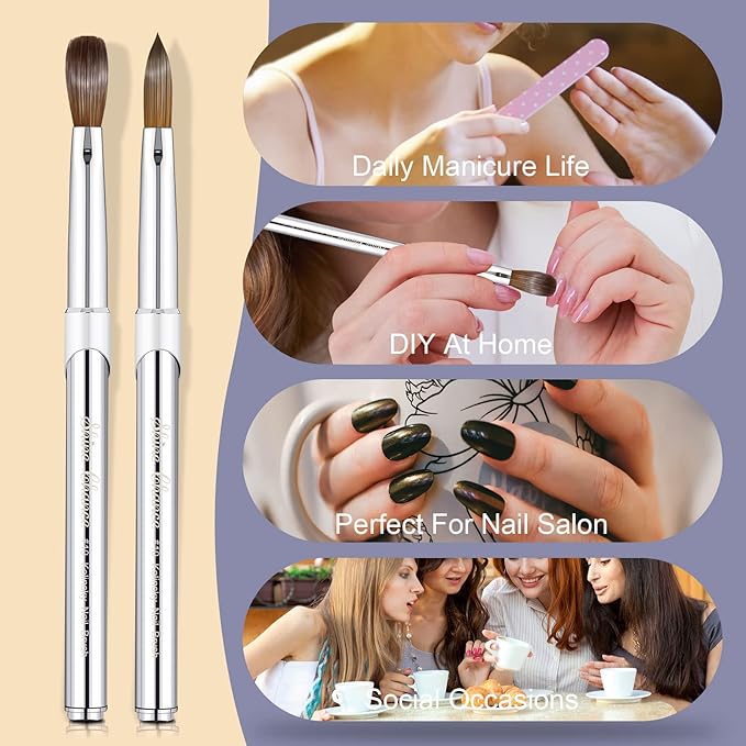 2Pcs Acrylic Nail Art Brush Size 10, 100% Pure Kolinsky Hair Oval Nail Brush for Acrylic Application, Professional Nail Extension Manicure Tool Striping Nail Drawing Pen for Home Salon