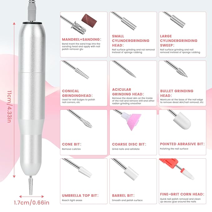 Electric Nail Drill Professional, 45,000RPM Electric Nail File with 12 Drill Bits & 50 Sanding Bands,Rechargeable Long Battery Life, Low Noise Cordless Nail Drills Machine,Efile Nail Drill Kit