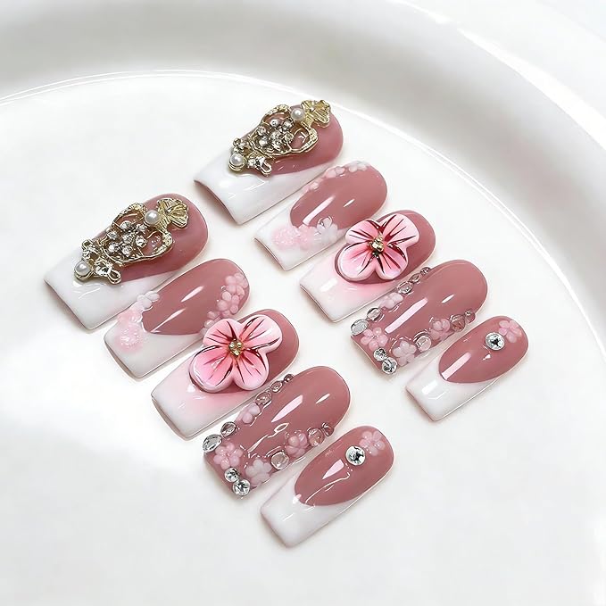 Handmade Press on Nails Medium Square Fake Nails White French Tip Nails Press Ons with Charms and Rhinestones Design False Nails Luxury 3D Flower Artificial Stick on Nail for Women 10Pcs(Size M)