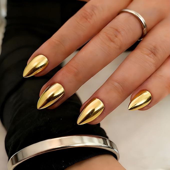 Chrome Press on Nails Short Almond, Metallic Gold Fake Nails with a Sparkle Mirror Finish, Glitter Glue on Nails for Women Birthday Party, Thick Quality Soft Gel Nail Press ons 30 Pcs