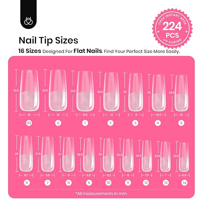 Beetles Tipex Nail Tips Kit, Long Square-C Curved Half Matte Nail Tips 224 Pcs 16 Sizes Pre Building Fake Nails with Tipex Nail Glue, Mini Nail Lamp - Thick Acrylic Nail Set