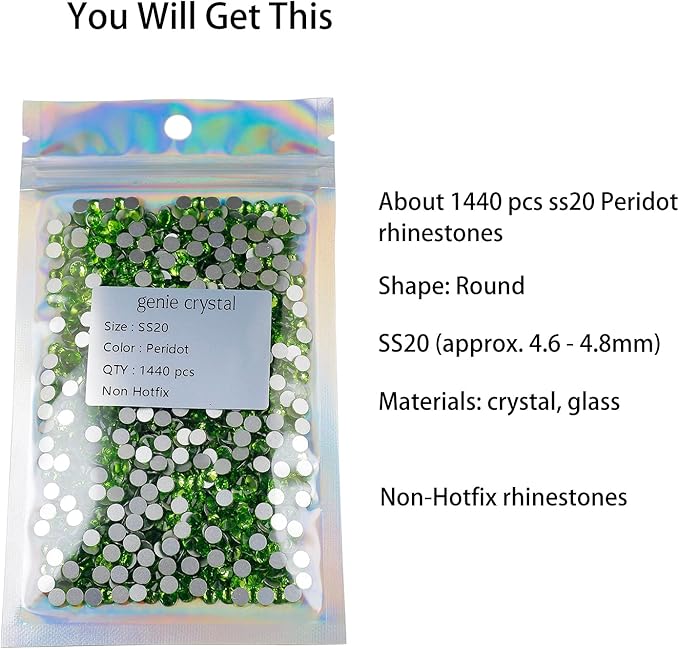 ss20 Peridot Flatback Rhinestones 1440 Pcs Pack, 5mm Light Green Glass Rhinestone for Bling Tumbler, Shoes,Clothine, Costume, Glitter Decoration
