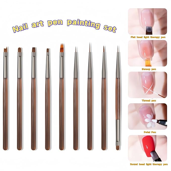 9-Piece Nail Art Brushes Set, Nail Design Tools Kit with Acrylic Nail Brush, Gel Brush, Nail Pen, Manicure Tools for Salon and Home Use, Suitable for Professionals and Beginners