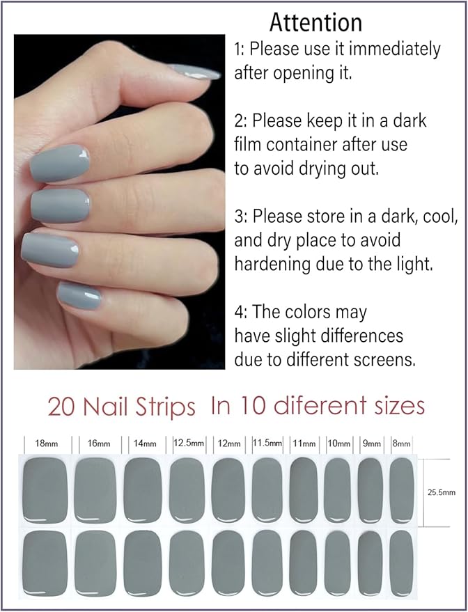 Semi Cured Gel Nail Strips, Gray 20pcs Adhesive UV Sticker, Wraps for Home Manicure DIY