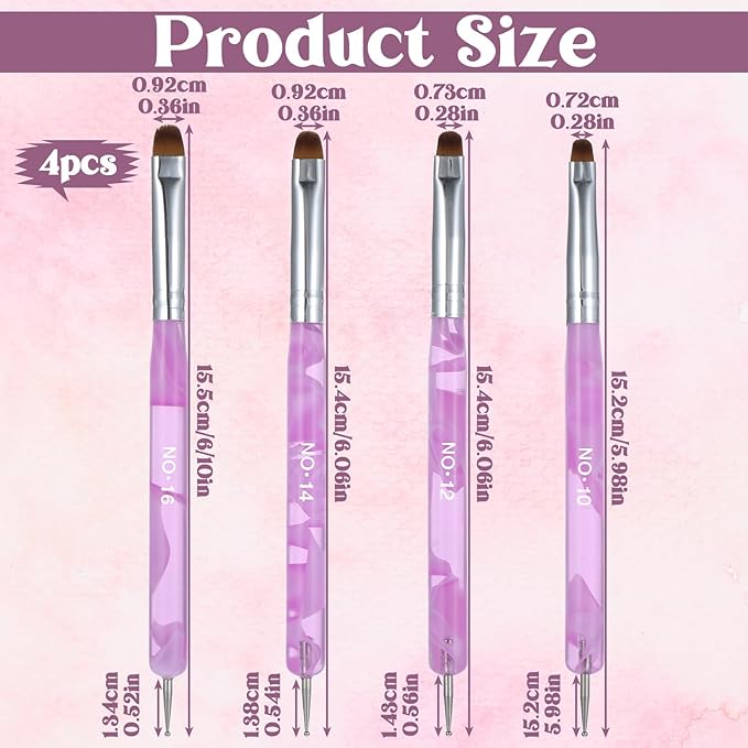 4 Pcs Nail Clean Up Brush French Gel Acrylic Nail Art Brushes Two Way French Tip Brush with Dotting Professional Manicure Tool for Cuticle Clean up Detailed Designs Dotting Pen (10#, 12#, 14#, 16#)