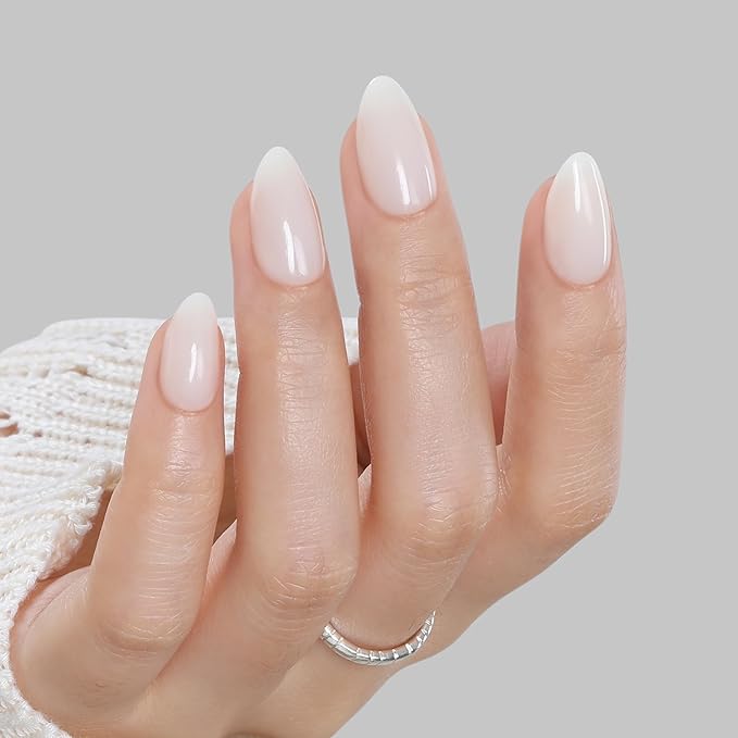 UNA GELLA White Press On Nails Short: Almond Soft Gel Press Ons Kit with Nail Tips Glue on Nails, 16 Sizes - 32 Reusable Fake Nails Kit, Milky White