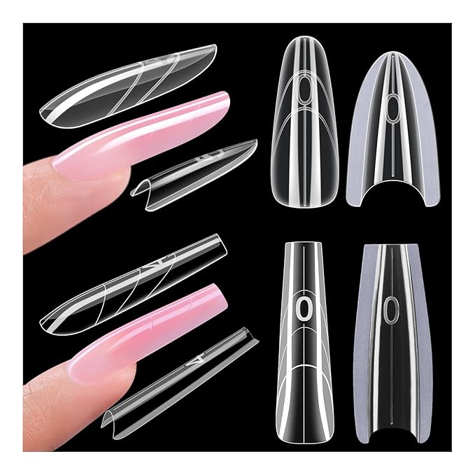 Gelike EC Dual Forms for Nail Extension: Almond ＆Coffin Sandwich Dual Forms Work with Builder Gel ＆ Polygel - 2 Shapes 240PCS 15 Sizes Reusable 100+ Times Clear Acrylic Molds Kit for Quick Manicure