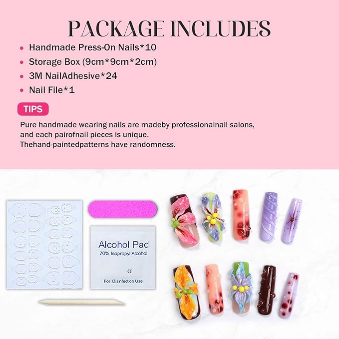 Handmade Press-on Nails Long Square Fake Nails Multicolor 3D Flowers Droplet Colorful False Nails Design Stick on Nails Muti-Layer Gel Flower Press Nails French Tip Acrylic Nail for Women Nails (S)