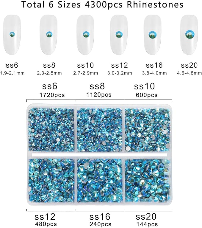 Beadsland 4300pcs Flatback Rhinestones,Blue Rhinestone Nail Gems Round Crystal Rhinestones for Crafts,Mixed 6 Sizes with Picking Tweezers and Wax Pencil Kit, SS6-SS20,Aquamarine AB