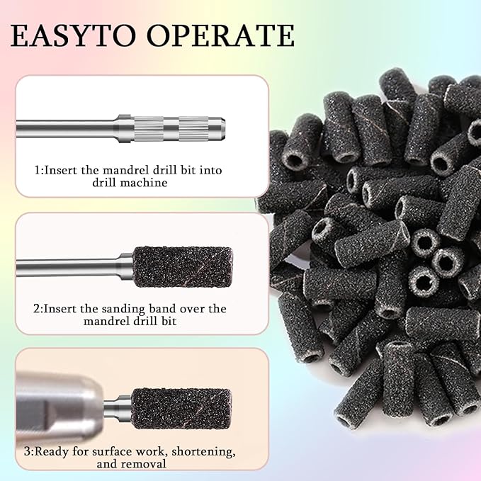 100pcs Nail Drill Bits Small Sanding Bands with 3.1mm Mandrel Bit, 240 Extra Fine Grit Nail File Sanding Bands for Acrylic Nails Gel Removing Shaping Manicures and Pedicure (Black, 240 Grit)