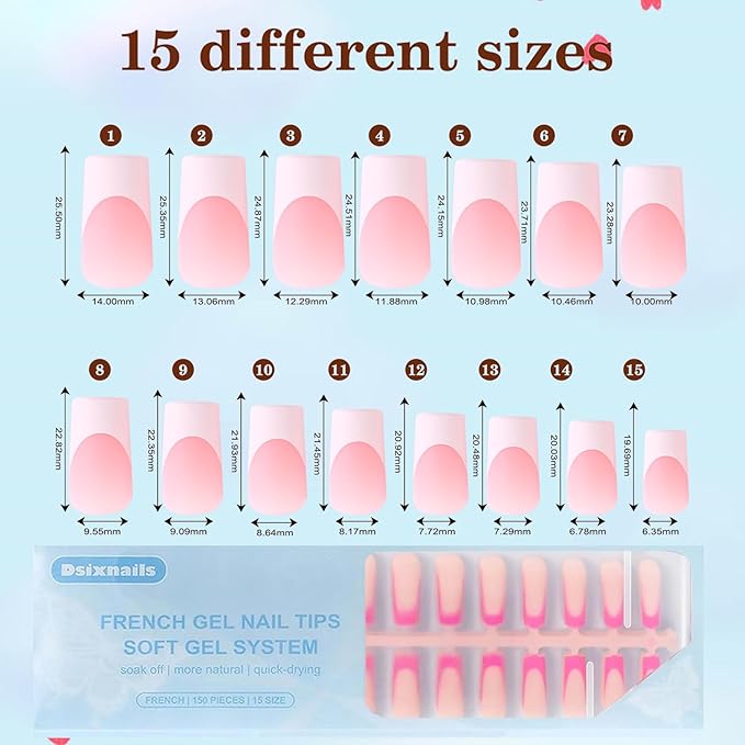 150pcs Long French Tip Press on Nails, 5 Styles Soft Square French Gel Nail Tips 15Sizes, Pre-lasting No Need to File Acrylic Fake Nail Tips, False Nail Tips Extension for Women Nails