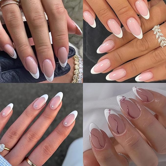 AddFavor French Tip Press on Nails Medium Almond Fake Nails, 120pcs White French Tip Nails Glossy Nude Almond Nails Press on Artificial False Nail with Adhesive Tab for Women Girls