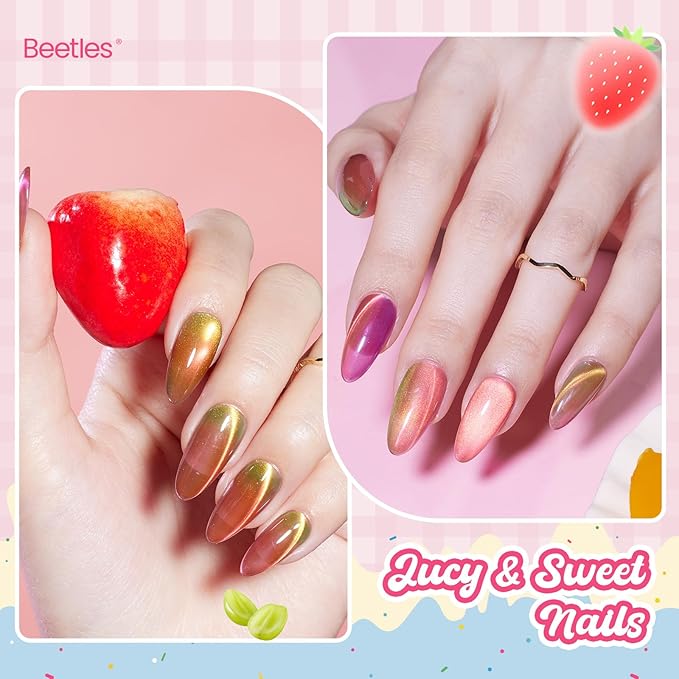 Beetles Fruit Magnet Cat Eye Gel Nail Polish Set - 6 Colors Spring Gel Polish Kit Glitter Cat Eye Pink Purple Blue Yellow Green Magnetic Shine Soak Off UV Salon DIY Manicure Gift for Women