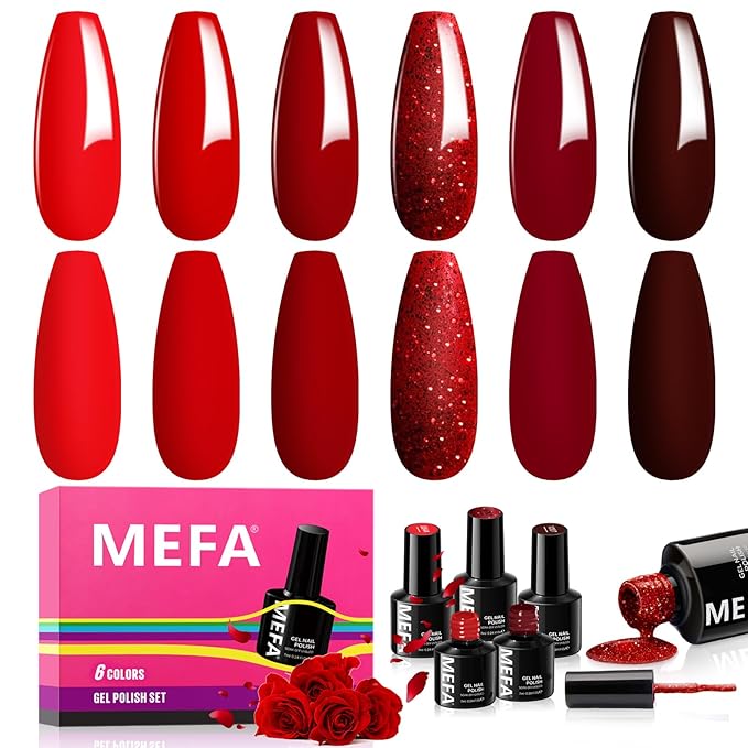 MEFA Red Gel Nail Polish Set, 6 Colors Gel Polish Kit Popular Red Burgundy Glitter Nail Polish Soak Off Rose Dark Red Shimmer Nail Art Design DIY Home Salon Manicure Gifts for Women Girls 2024