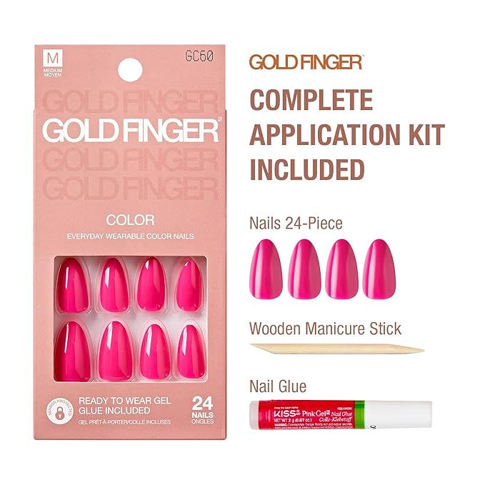 GoldFinger 24 Pcs Press On Nails, Medium Almond Fake Nails, Hot Pink Gel Stick On Extensions, Reusable DIY Full Cover False Nail Kit with Glue, Manicure Stick & File, 7 Day Durable & Long Lasting Wear
