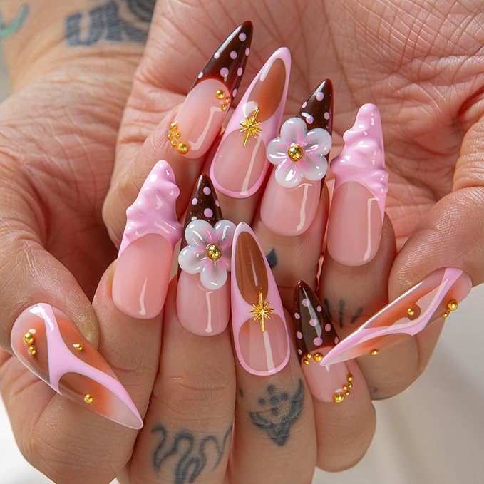 LOVFUL Short French Tip Press on Nails Berry Mocha | Handmade Acrylic Press ons| Reusable Fake False Nails | Stiletto Classic Regular 1.3in | H700-M