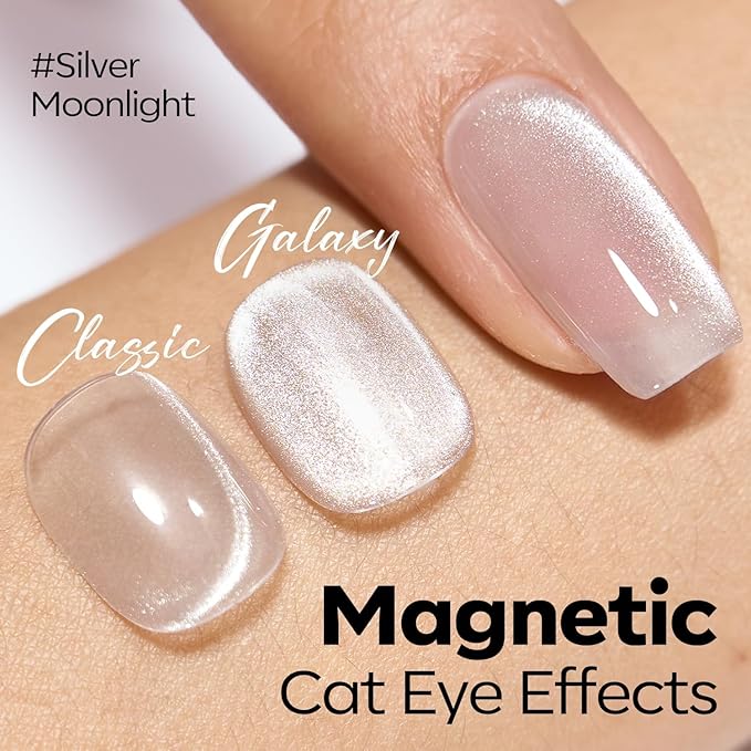 modelones Silver Cat Eye Gel Nail Polish Glitter White Cat Eye Gel Polish Clear 9D Holographic High Density Crystal Nail Polish with Magnet Soak Off U V Shimmer Polish valentine Nail 15ML