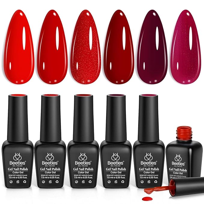 Beetles Red Gel Polish Set - 6 Colors Red Nail Gel Polish Popular Jelly Shimmer Regular Collection Nail Art Design Soak Off Uv LED Nail Kit Minicure DIY Home Salon Spring Gift for Women