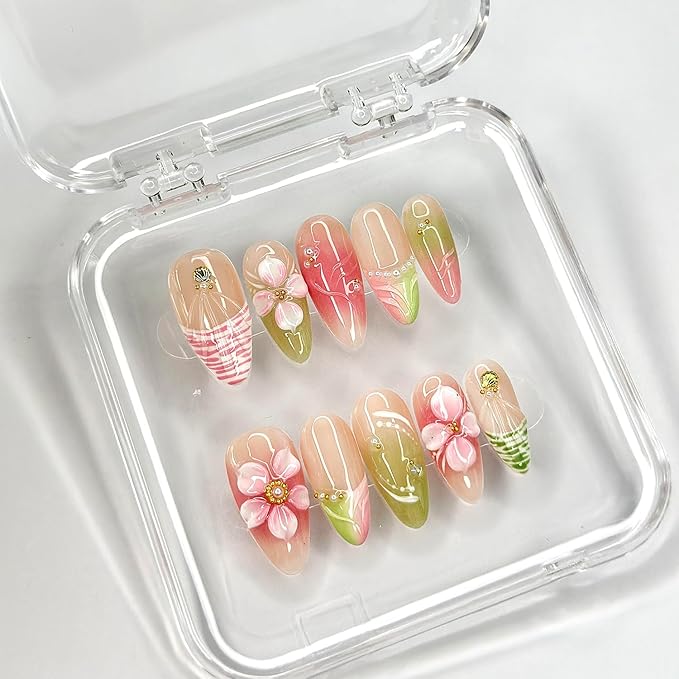 Luxury Press on Nails Medium Almond French Tip Handmade 3D Unique Reusable ABS Material Fake Nails Pink&Green False Nails with Designs Floral Art Petal Glossy Glue on Nails Thick Acrylic Nails(M)
