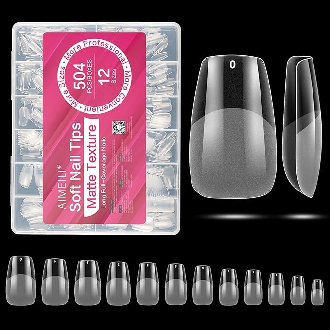 AIMEILI Short Square Fake Nails 504pcs Press on Nails Pre-shape Half Matte Nails Tips for Full Cover Acrylic French False Nails Nail Extension DIY 12 Sizes