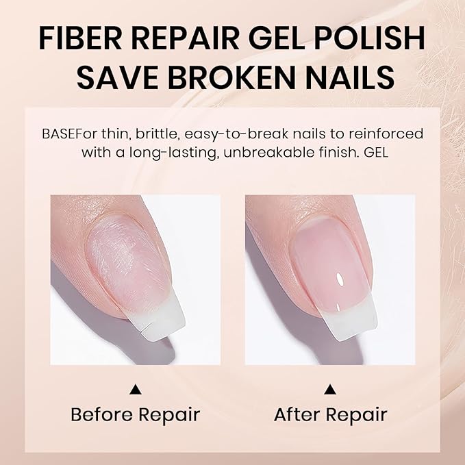 RARJSM Clear Fiber Glass Rubber Base Gel Nail Polish for Repair Broken Nails Strengthener Gel Base Coat Transparent Brush on BuildingGel in a Bottle Soak Off UV LED Curing Requires 15ml Salon Home