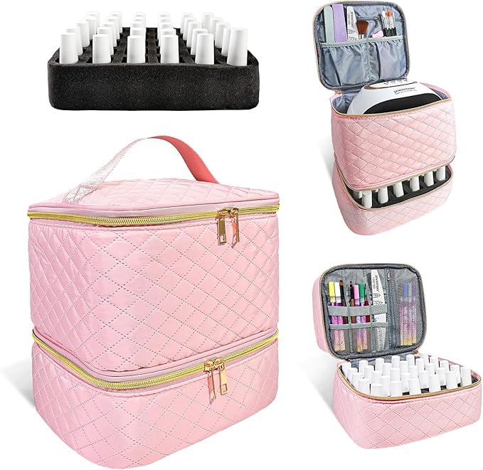 JEWHITENY Nail Polish Organizer Bag Holds 30 Bottles & Nail Lamp,Double-Layer Nail Polish Storage Bag with Adjustable Dividers,Portable Nail Kit Bag For Nail Stuff & Manicure Tools (Pink)