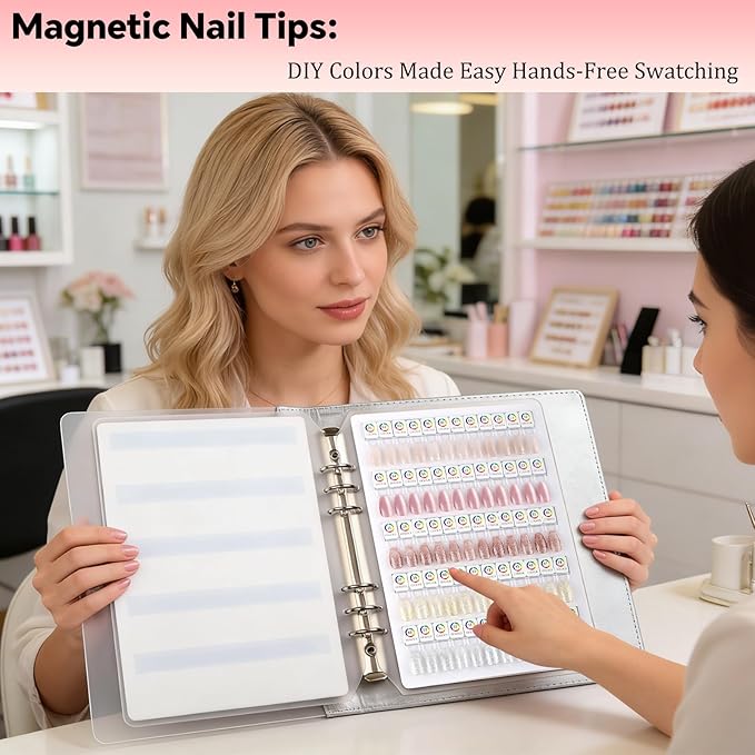 60 Magnetic Nail Swatch Book,Leather Nail Color Display Book with 72 Magnetic Tips & Number Labels,Professional Nail Salon Color Display Book for Easy Preview & Storage Silver