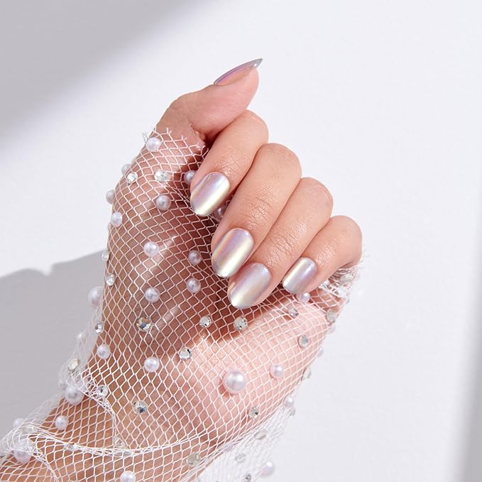 KISS colorFX by imPRESS Press On Nails , ‘Sour Love’, Solid White with Pearlescent Finish, Short Oval, IMPROVED adhesive, Includes 30 Fake Nails, Prep Pad, 1 Manicure Stick, 1 Mini Nail File