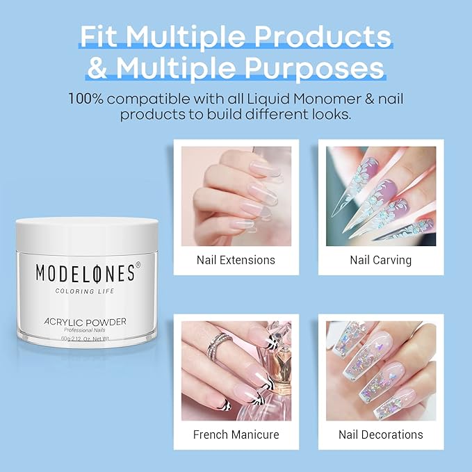 Modelones Acrylic Powder, 2.12oz Transparent Professional Clear Acrylic Nail Powder for Nails Extensiosn French Naisl Art 3D Flowers, Carving, Beginner-Friendly