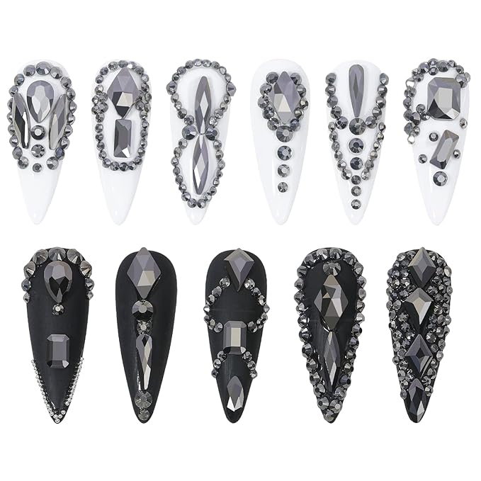 HNUIX Nail Rhinestones - 3D Multi Shape Size, Crystal Mineral Gray Nail Gems, Flat Back, with Kit, for Nail Art, DIY Decorations