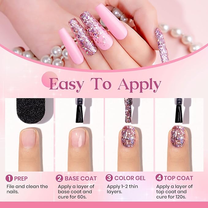 MIZHSE Glitter Gel Nail Polish Pink Sparkly Diamond Holographic Effect Soak off UV LED Gel Polish Chunky Gels Home DIY Salon Nails Art Design