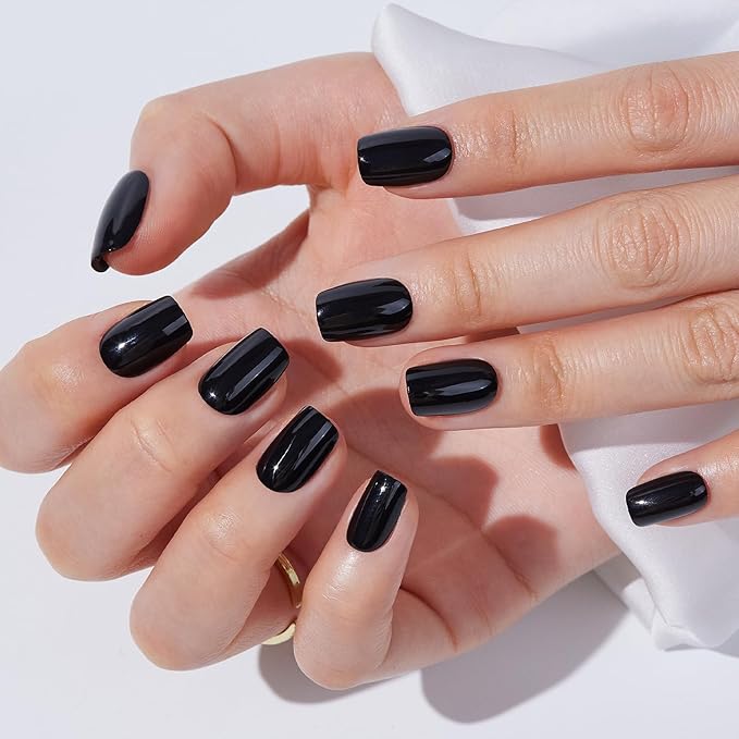 Press On Nails - Findigit Short Square Black False Stick Glue On Nails, Reusable Stick On Fake Nails with Glue Salon Quality 16 Sizes - 32 Nail Kits, Black Swan