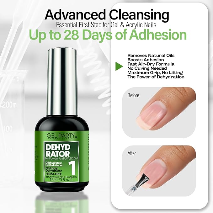 GELPARTY Nail Prep Kit 2x15ml – HEMA-Free Dehydrator & Acid-Free Primer Set for Acrylic, Gel, UV/LED & Press-On Nails – Strong Adhesion, No Burn, Fast-Dry Bonding Agent for Professional & DIY Use