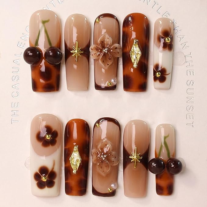 Cherry Press on Nails Thick Acrylic and Muti-Layer Gel Long Square Handmade Press on Nails 3D Flower Fake Nails wtih Design French Tip False Nails Full Cover Stick on Nail for Women Nails Decor (S)