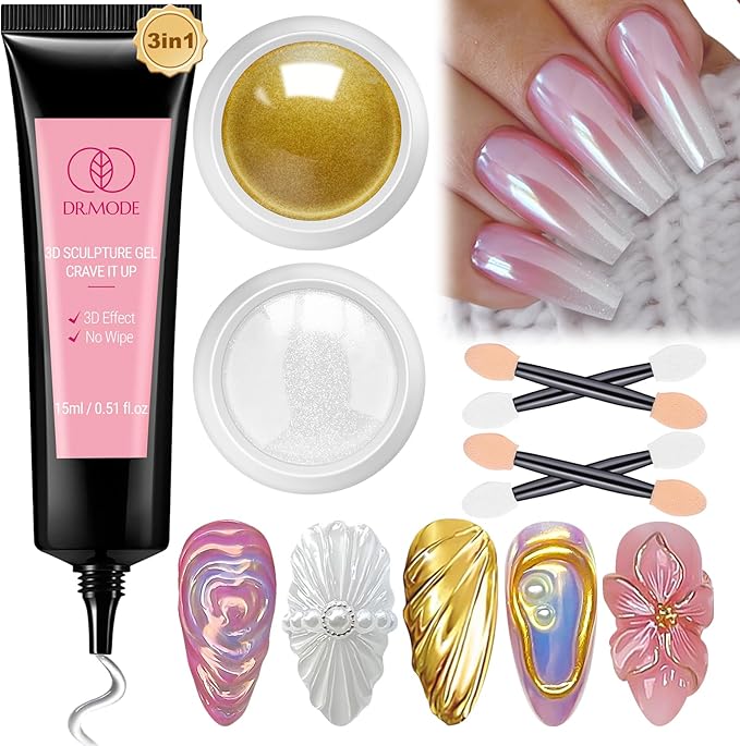 3D Nail Gel and Chrome Nail Powder Kit, 3 in 1 No Wipe Clear 3D Sculpting Gel for Nail Art Carving Molding Rhinestone Glue 15g, Gold Silver Metallic Mirror Nail Chrome Powder Glitter for Manicure