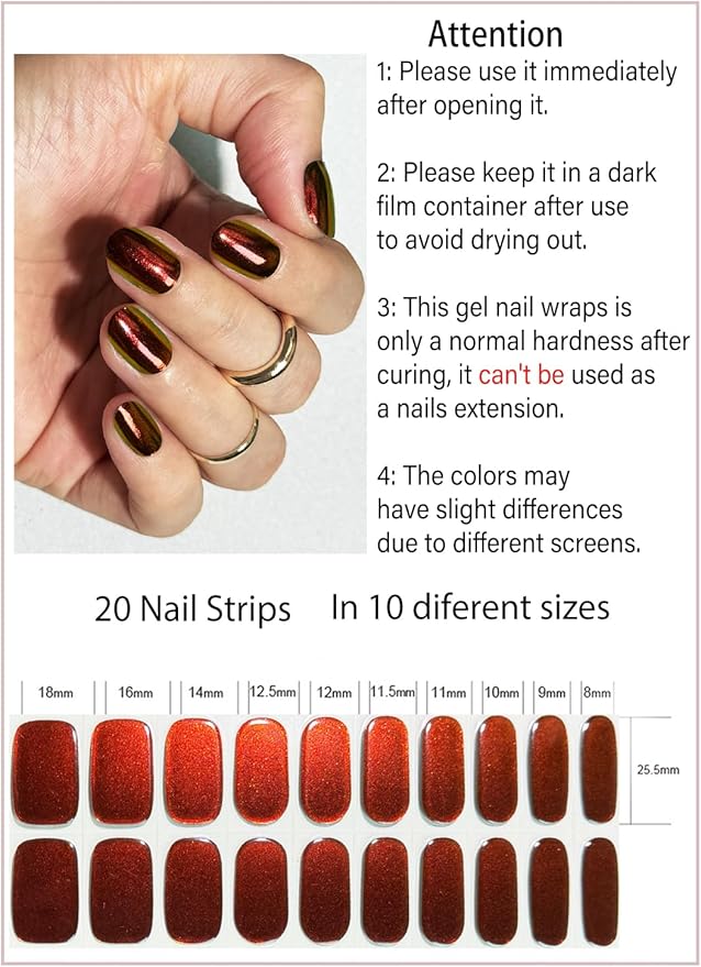 Semi Cured Gel Nail Strips, Chrome Ruby 20pcs Adhesive UV Sticker, Wraps for Home Manicure DIY