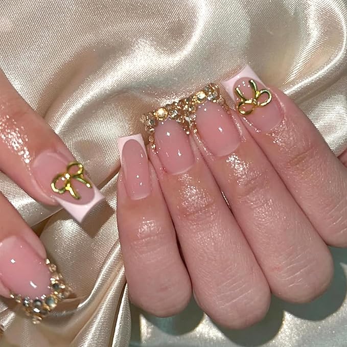 6 Packs (144 Pcs) | Reusable Press on Nails | Stick on Nails 12 Sizes-6 Styles | Cute Bow Nails