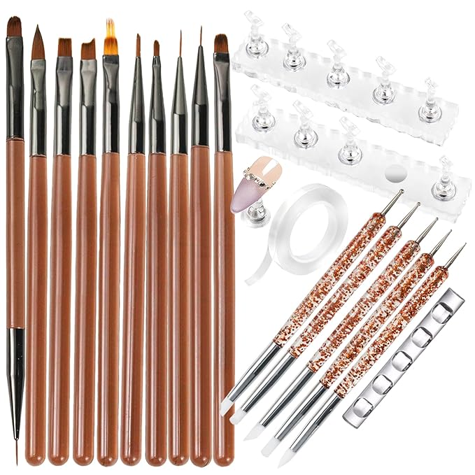 Nail Art Brushes Set with Nail Stand Holder for Press On & Painting Nails,Nail Dotting Tools with Sculpture Pen,Acrylic Nail Brushes for Gel Builder Extensions French Tip,Nail Art Tools Design